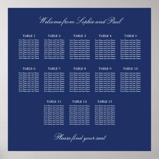 Marineblauwe tafelindeling poster voor trouwfeest (Voorkant)