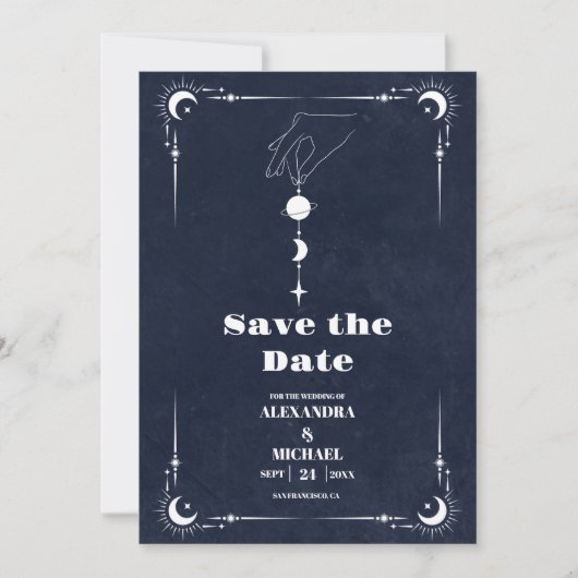 Marineblauwe Tarot De Liefhebbers Bruiloft Save The Date (Voorkant)