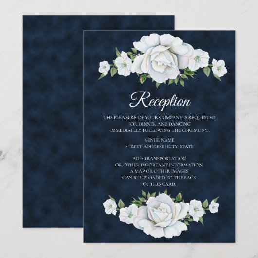 Marineblauwe trouwreceptie met witte bloemen kaart (Voorkant / Achterkant)