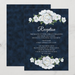 Marineblauwe trouwreceptie met witte bloemen kaart