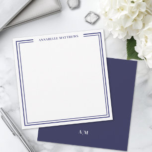 Marineblauwe twee rand naam monogram vierkant notitiekaartje