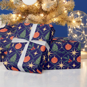 Marineblauwe vintage retro versiering Kerstmis Cadeaupapier