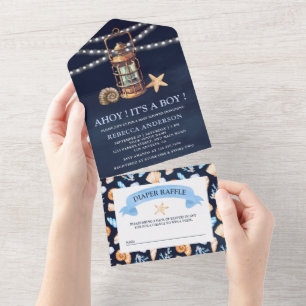 Marineblauwe Vintage Scheepslantaarn Baby Shower All In One Uitnodiging