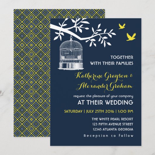 Marineblauwe vintage vogelkooi trouwuitnodiging kaart (Voorkant / Achterkant)