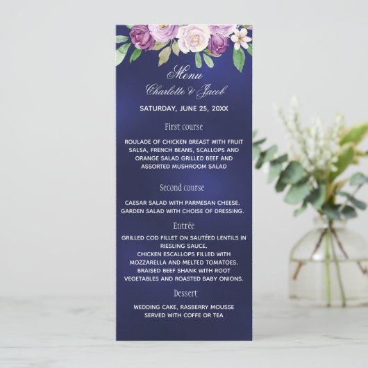 Marineblauwe violette bloemen bruiloft diner menu  kaart (Staand voorkant)