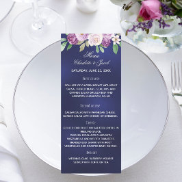 Marineblauwe violette bloemen bruiloft diner menu  kaart