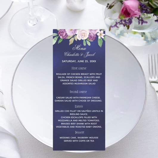 Marineblauwe violette bloemen bruiloft diner menu  kaart