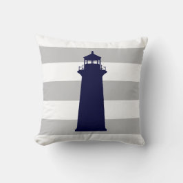 Marineblauwe vuurtoren op grijze en witte strepen kussen