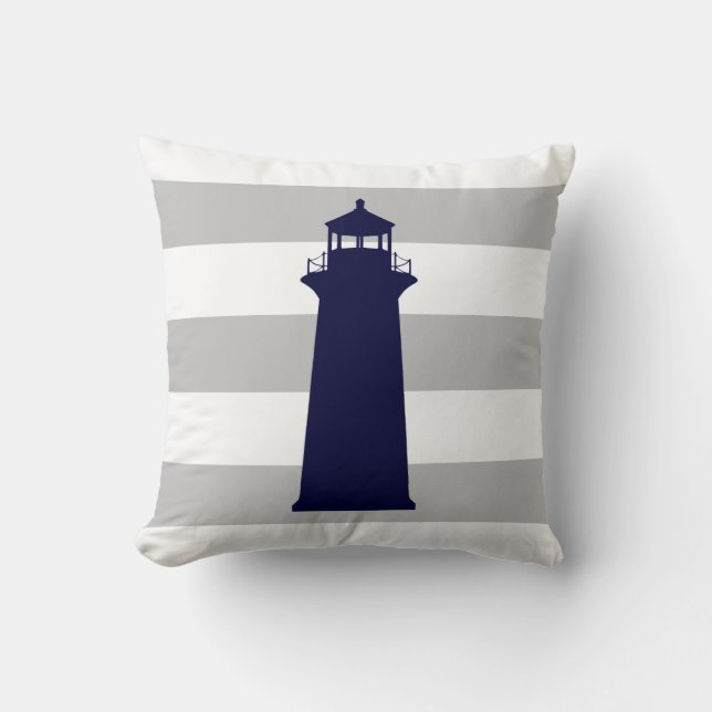 Marineblauwe vuurtoren op grijze en witte strepen kussen (Voorkant)
