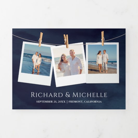 Marineblauwe Vuurtoren Zeilboot Nautische Bruiloft Drieluik Uitnodiging (Cover)