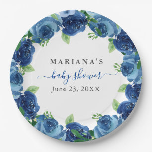Marineblauwe waterverf bloemen jongens babyshower papieren bordje