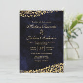 Marineblauwe Waterverf & gouden bruiloft uitnodigi Kaart (Staand voorkant)