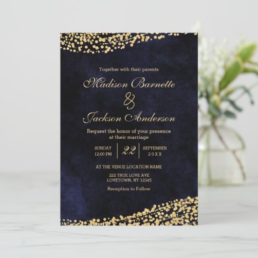 Marineblauwe Waterverf & gouden bruiloft uitnodigi Kaart (Staand voorkant)