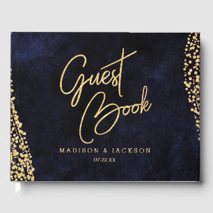 Marineblauwe Waterverf & Gouden Glam Bruiloft Mono Gastenboek