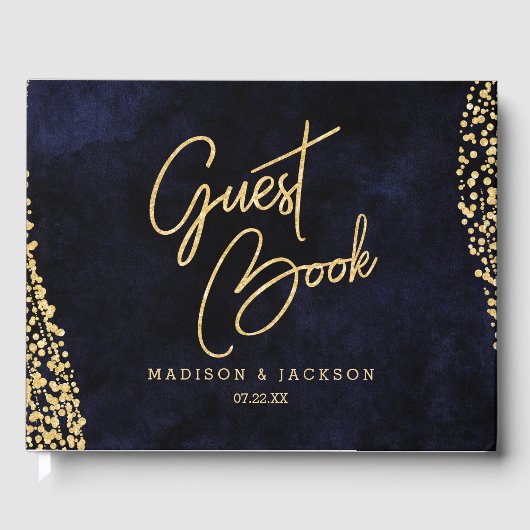 Marineblauwe Waterverf & Gouden Glam Bruiloft Mono Gastenboek (Voorkant)