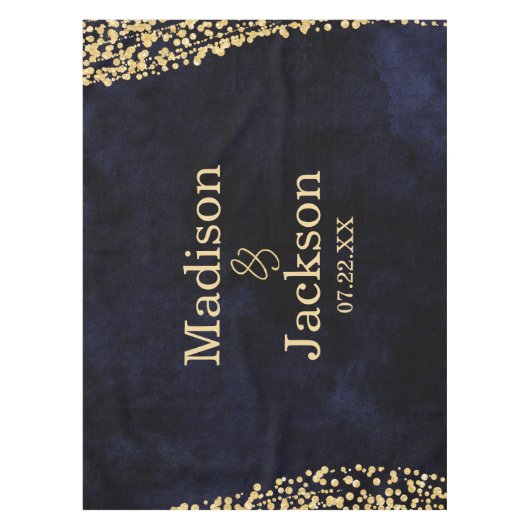 Marineblauwe Waterverf & Gouden Glam Bruiloft Mono Tafelkleed (Voorkant)