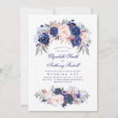 Marineblauwe Waterverven - Floral Elegant Bruiloft Kaart (Voorkant)