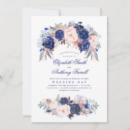 Marineblauwe Waterverven - Floral Elegant Bruiloft Kaart
