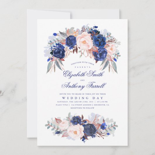 Marineblauwe Waterverven - Floral Elegant Bruiloft Kaart (Voorkant)