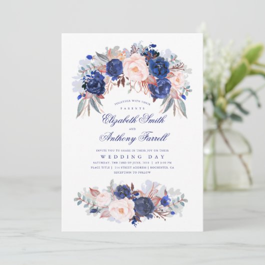 Marineblauwe Waterverven - Floral Elegant Bruiloft Kaart (Staand voorkant)
