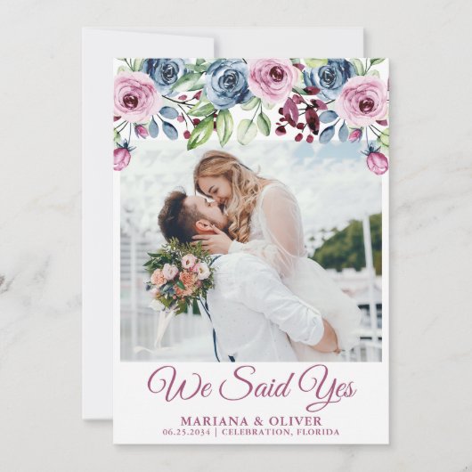 Marineblauwe wijn Bloemen bruiloft Aankondiging (Voorkant)