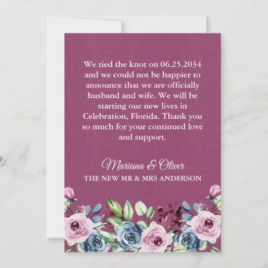 Marineblauwe wijn Bloemen bruiloft Aankondiging (Achterkant)