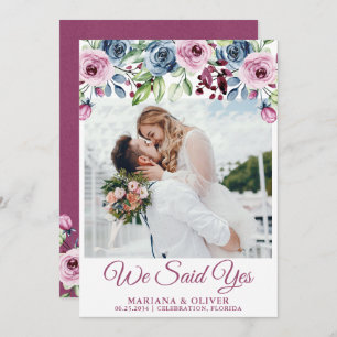 Marineblauwe wijn Bloemen bruiloft Aankondiging