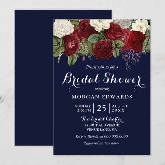 Marineblauwe & wijnrode witte bloem bruidsdouche kaart (Voorkant / Achterkant)