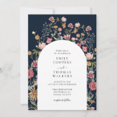 Marineblauwe Wildbloemen Boog Bruiloft Uitnodiging (Voorkant)