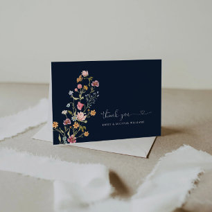 Marineblauwe Wildbloemen Bruiloft Flat Dank u Kaar Bedankkaart