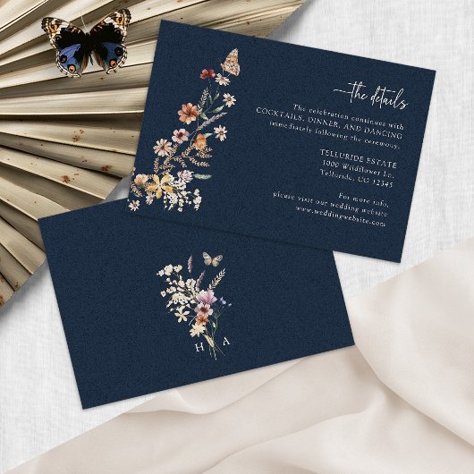 Marineblauwe Wilde Bloem Boho Envelop Kaart