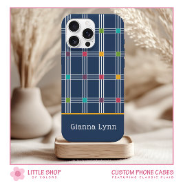 Marineblauwe Windowpane ruitmonogram iPhone 15 Case