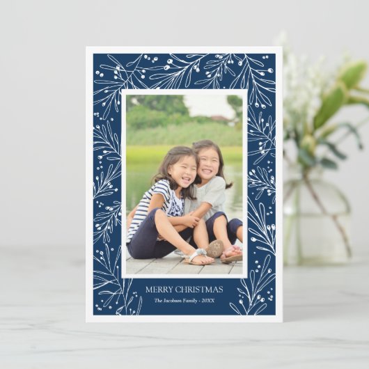 Marineblauwe wintertakken | Vakantie foto 2017 Feestdagenkaart (Staand voorkant)