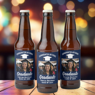 Marineblauwe witte afstudeerfoto afstudeerfeest bier etiket