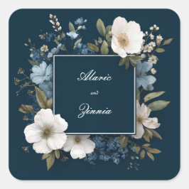 Marineblauwe Witte Anemoon Bloem Moderne Vierkante Sticker