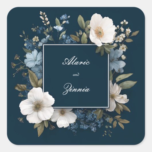 Marineblauwe Witte Anemoon Bloem Moderne Vierkante Sticker (Voorkant)