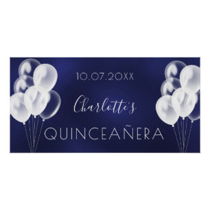 Marineblauwe witte ballonnen Quinceanera party Perfect Poster