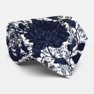 Marineblauwe & Witte Bloemendamask Aristocrat Trou Stropdas