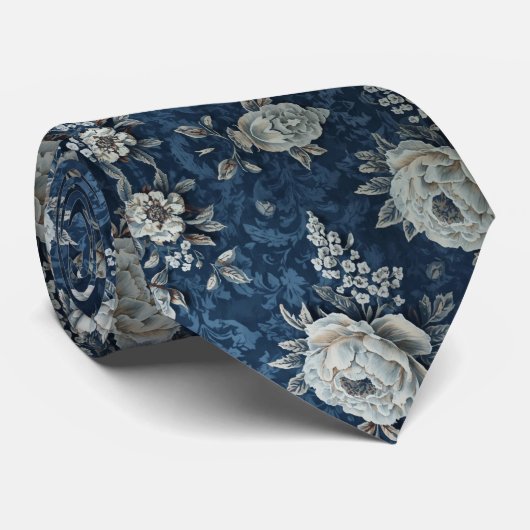 Marineblauwe Witte Cascaderende Pioenrozen Bruilof Stropdas (Opgerold)