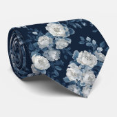 Marineblauwe Witte Cascaderende Pioenrozen Bruilof Stropdas (Opgerold)