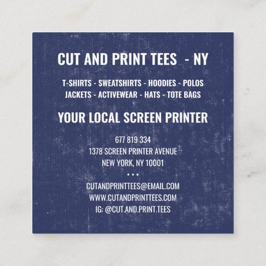  marineblauwe witte cirkel logo-schermprinter vierkante visitekaartje (Achterkant)