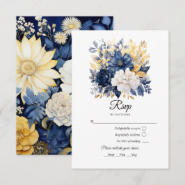 Marineblauwe, Witte en Gouden Bloemachtige Bruilof RSVP Kaartje