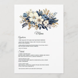 Marineblauwe, Witte en Gouden Bloemige Bruiloft Menu