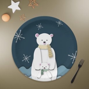 Marineblauwe witte ijsbeer Moeder met baby-feestje Papieren Bordje