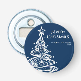 Marineblauwe Witte Kerstboom Feest Button Flesopener
