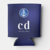 Marineblauwe witte nautische monogram initiaal naa blikjeskoeler (Voorkant)