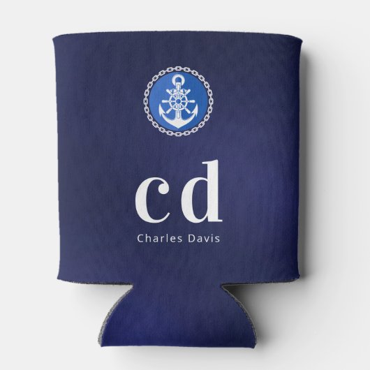 Marineblauwe witte nautische monogram initiaal naa blikjeskoeler (Achterkant)