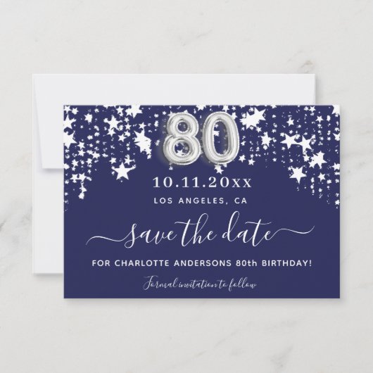 marineblauwe witte sterren voor de tachtigste verj save the date (Voorkant)