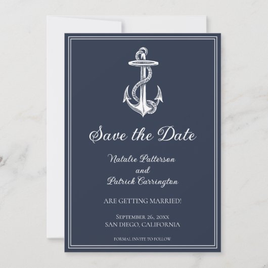 Marineblauwe Zeeanker Save the Date Kaart (Voorkant)