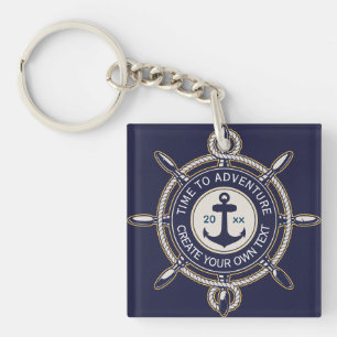 Marineblauwe Zeeanker & Scheepsstuurwiel Avontuur Sleutelhanger
